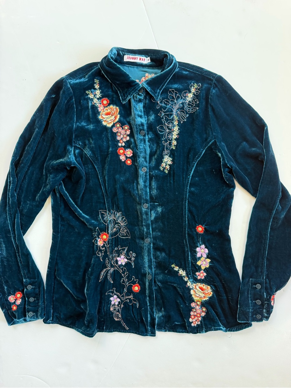 Johnny Was Peacock Blue Velvet Embroidered Button-Up Shirt size Small